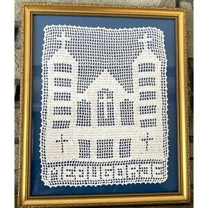 Vtg Medugorje Crochet Doily Framed Art Wall Hanging Religious Catholic Souvenir